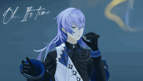 a girl with long purple hair is singing into a microphone with the words " oh it 's time " written below her