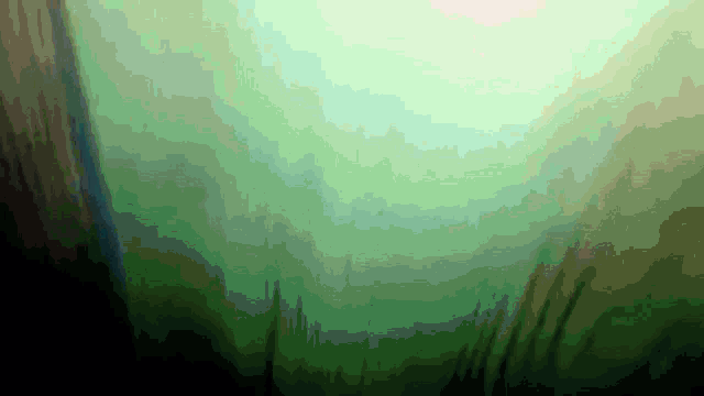 a painting of a green background with a few trees in the background