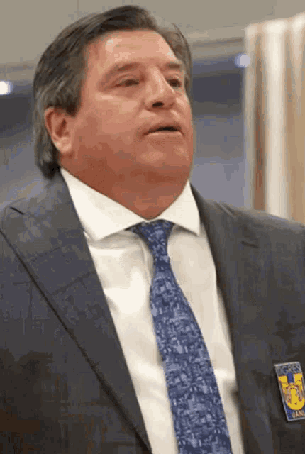 a man wearing a suit and tie has a badge on his chest that says tigres