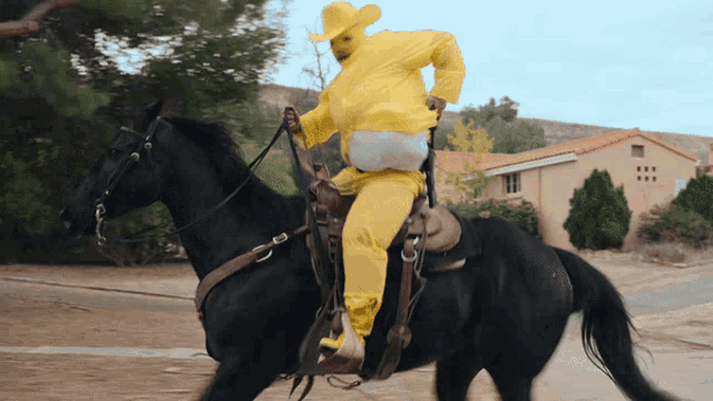 a man in a yellow shirt and cowboy hat rides a black horse