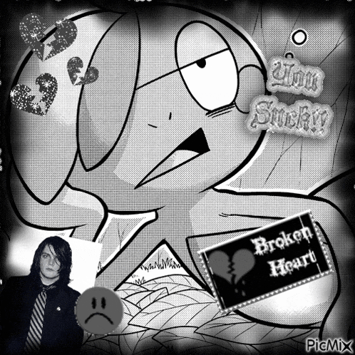 a black and white drawing of a cartoon character with a broken heart