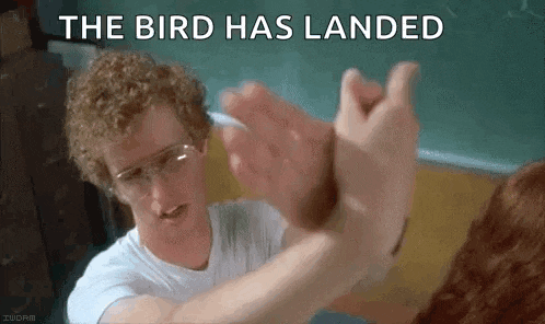 a man with curly hair and glasses is holding another man 's hand and says `` the bird has landed '' .
