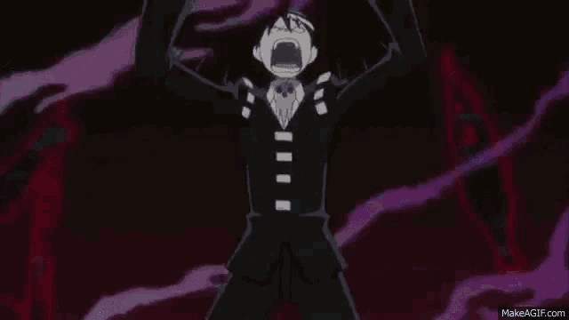 a man is standing in a dark room with his arms outstretched in a cartoon .