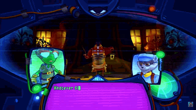 a video game with a purple screen that says " whatever si "