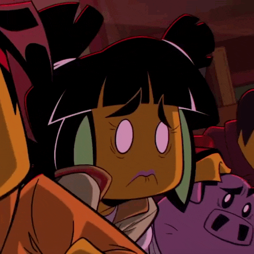 a close up of a cartoon character with a purple pig in the background