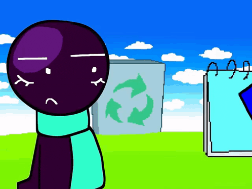 a cartoon character with a sad face stands in front of a recycling sign