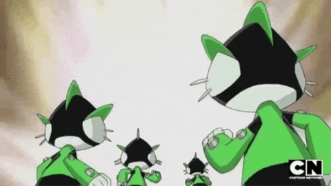 three green and black cartoon characters are standing next to each other with the cn logo in the corner