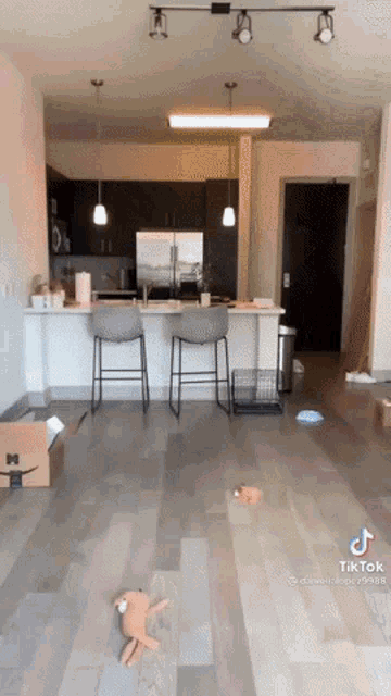 a tiktok video of a kitchen with a stuffed animal in the foreground