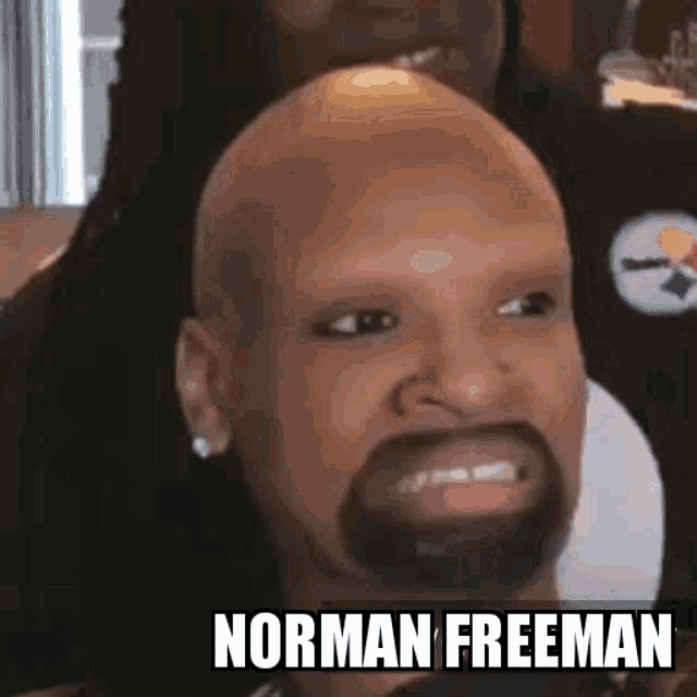 a bald man with a beard and the name norman freeman on the bottom right