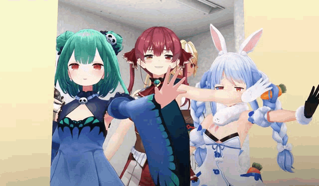 three anime characters are posing for a picture together