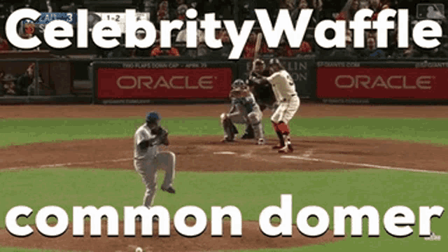 a baseball game with the words celebrity waffle common domer on the top