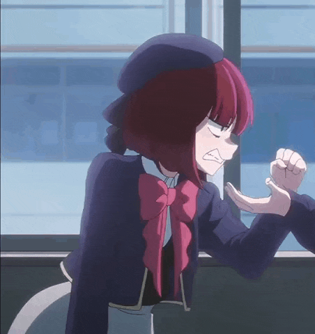 a girl with red hair is wearing a beret and a red bow tie