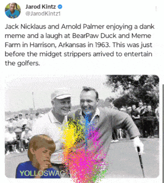 a picture of jack nicklaus and arnold palmer enjoying a dank meme and a laugh at bearpaw duck