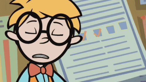 a cartoon character wearing glasses and a bow tie is standing in front of a checklist