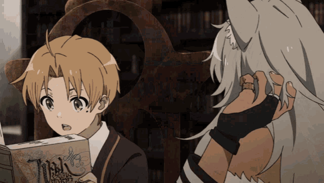two anime characters are looking at a book that says thank you on it