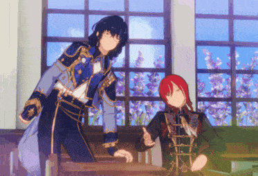 two anime characters standing next to each other in front of a window with purple flowers