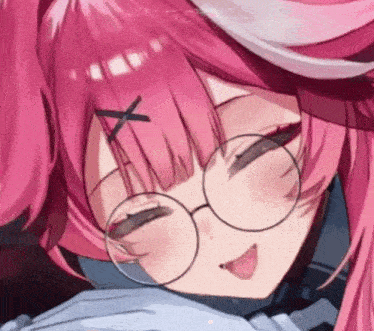 a close up of a pink haired anime girl wearing glasses and smiling .