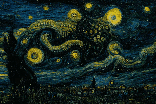 a painting of a starry night with a giant octopus