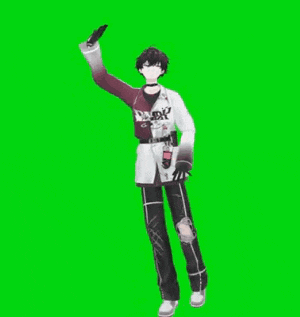 a 3d anime character is standing in front of a green screen and waving .