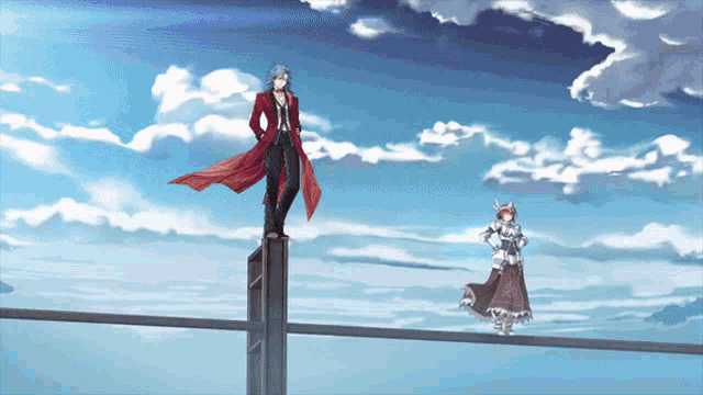 a man in a red coat and a woman in a white dress are standing on top of a bridge