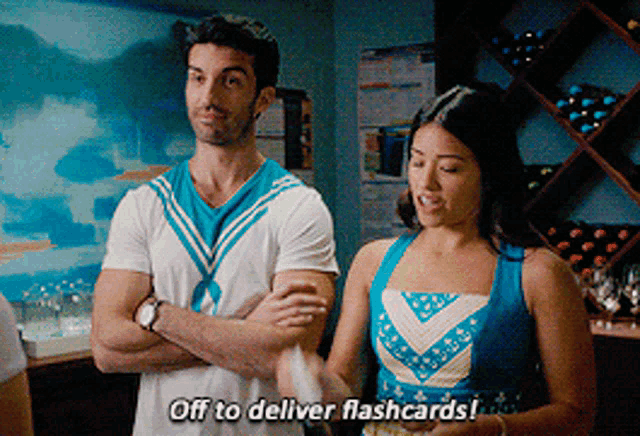 a man and a woman are standing next to each other and the woman is saying off to deliver flashcards