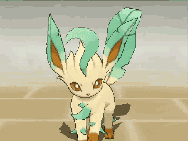 a cartoon eevee with green wings is standing on a tile floor