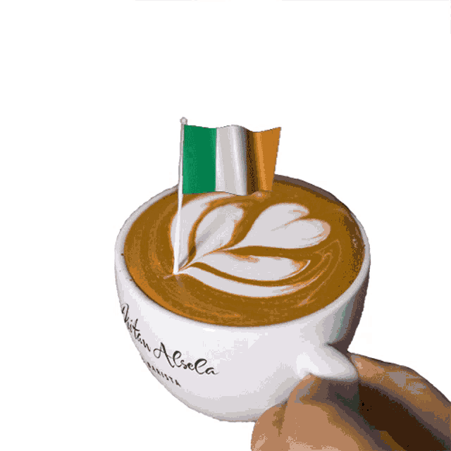 a cup of coffee with a flag on top that says written aliola