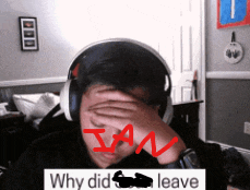 a man wearing headphones is covering his face with his hand and the words " why did i leave " below him