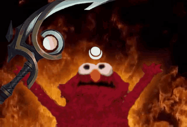 elmo from sesame street is holding a sword in front of a fire background .