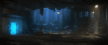 a dark room with a blue light coming through a doorway