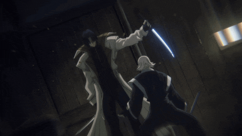a man holding a sword is fighting another man