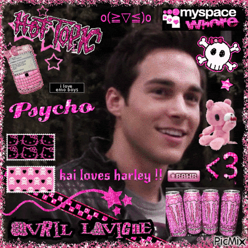 a picture of avril lavigne is surrounded by pink graphics