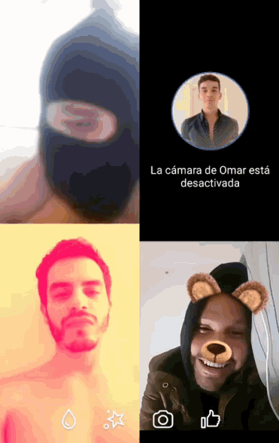 a group of men are having a video call with the caption la camara de omar está desactivada