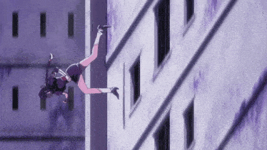 a girl in a school uniform is falling down a building
