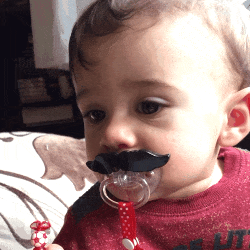 a baby wearing a pacifier with a fake mustache on it
