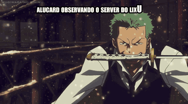 a picture of a man holding a sword with the words alucard observando o server do lixu above him