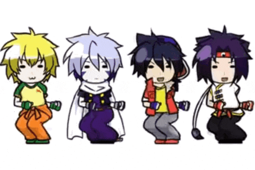 a group of anime characters are dancing together in a line