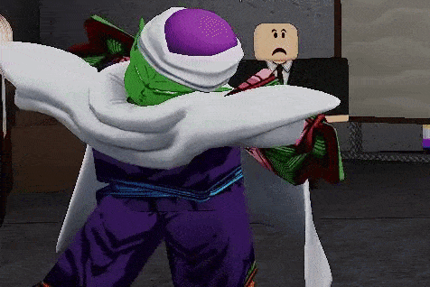 a cartoon character is standing next to a man in a suit in a video game .
