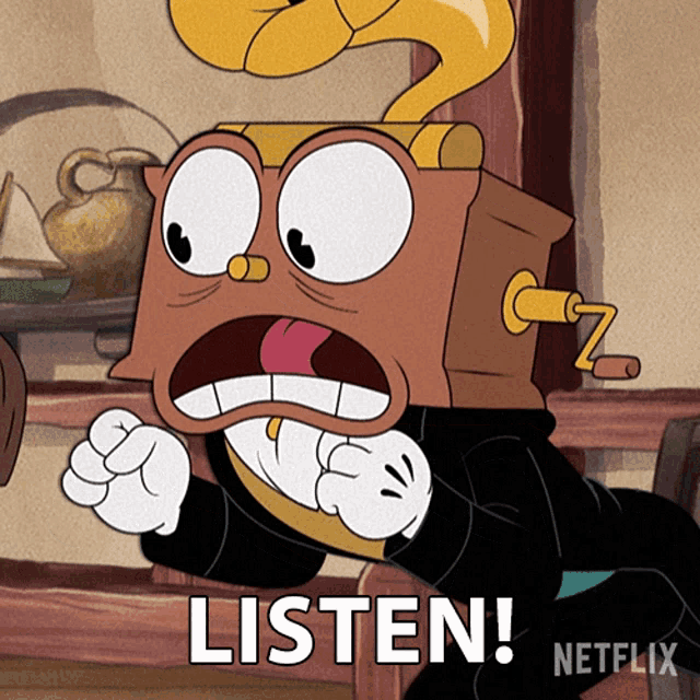 a cartoon character with a box on his head that says listen on it
