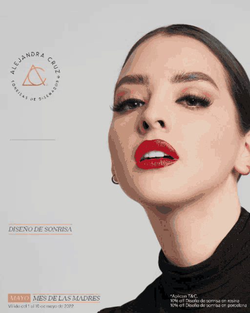 an advertisement for alejandra cruz shows a woman wearing red lipstick