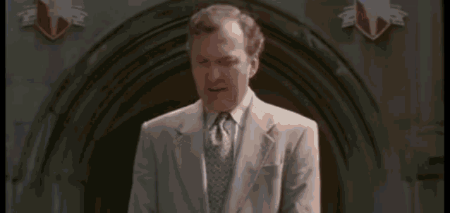 a man in a suit and tie is standing in front of a crowd .