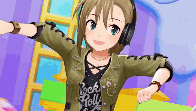 a cartoon girl wearing headphones and a shirt that says rock roll
