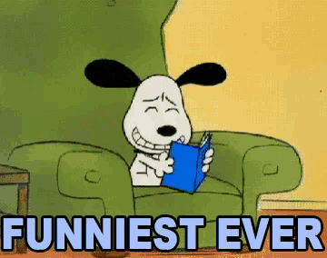 a cartoon of snoopy sitting in a chair reading a book with the words funniest ever below him
