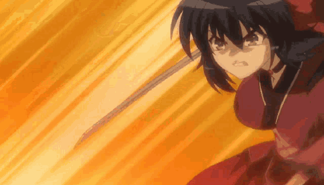 a girl in a red dress is holding a large sword