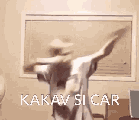 a man is dancing in front of a window with the words kakav si car written on the bottom