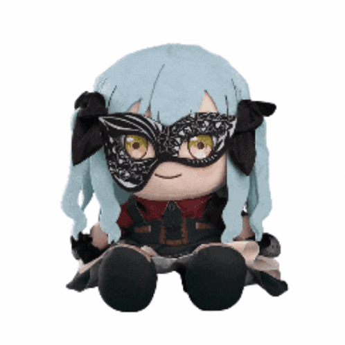 a stuffed doll with blue hair and a mask on