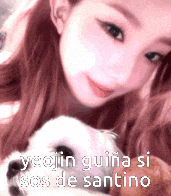 a woman is holding a small white dog with the words yeojin guina si sos de santino written on the bottom