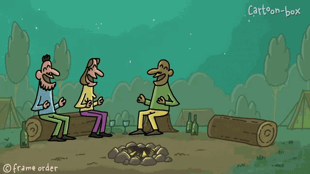 a cartoon of three people sitting around a campfire with the words cartoon-box below them