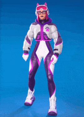 a woman in a purple and white outfit with hearts around her