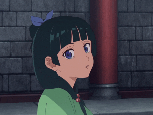 a girl with green hair and blue eyes looks up at something
